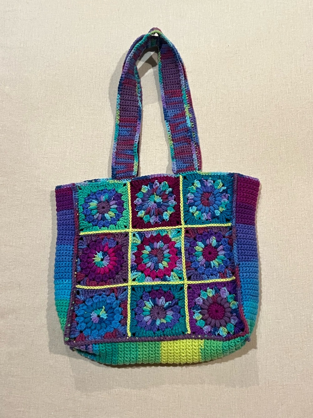 Handmade Crochet Tote Bag Blue, Purple, Green - Vibrant Floral Squares